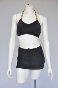1930s black terry bikini swimsuit with deco details XS-M