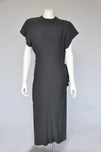 1940s black rayon dress with side bow tie M/L