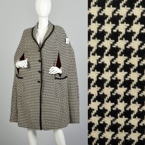  XXS 1960s Neusteters Houndstooth Outerwear Pockets Shawl Collar Woven Cape 