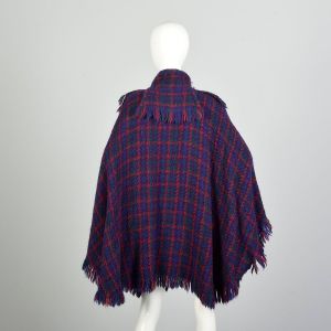 OSFM 1980s Plaid Wool Poncho Jewel Tone Wrap Purple Blue Green Red Long Cape Woven Textile  - Fashionconstellate.com