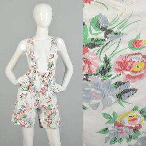 Small 1980s Bib Overall Shorts Floral Print On White Denim Bow Belt Loops