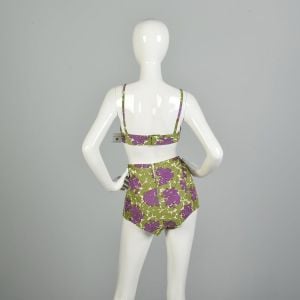 Small 1950s Green & Purple Floral 2pc Bikini Bathing Suit - Fashionconstellate.com