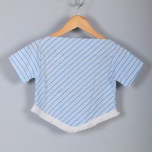 1960s Girls Blue White Stripe Boat Neck Top Fringe Short Sleeve Shirt Crop Top Summer 60s Vintage