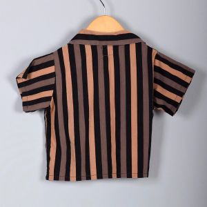 1950s Boys Beige Brown Black Stripe Shirt Center Flap Loop Collar Short Sleeve Rockabilly - Fashionconstellate.com