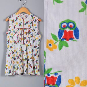 1960s Girls Mod Owl Flower Print Dress White Multi-Colored Shift Dress Boho Hippie Children 60s
