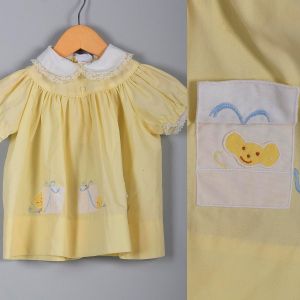 1960s Girls Yellow Kitten Peek-a-Boo Dress Lace Collar Short Sleeve Infant 60s Vintage