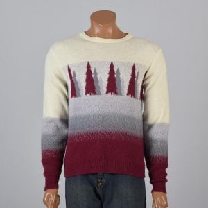 Medium 1980s Mens Sweater Cream Gray and Burgundy Evergreen Tree Fair Isle Print 