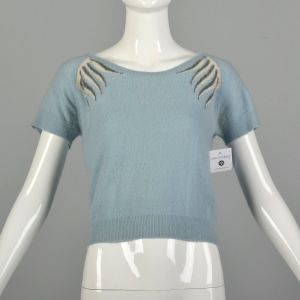 XS 1950s Cashmere Short Sleeve Sweater Baby Blue Leaf Motif Embellishment Super Soft Top