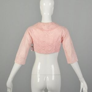 XXS 1950s Pink Lace Bolero Jacket Elbow Sleeves Cropped Bodice - Fashionconstellate.com