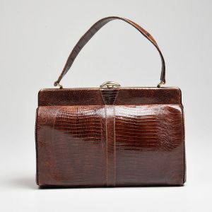 1950s Genuine Lizard Top Handle Purse Brown Exotic Leather Handbag Boho Bag