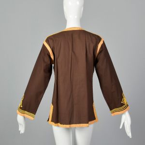 Medium 1970s Top Brown Tunic Long Sleeve Cotton Made in Morocco with Gold Soutache Trim - Fashionconstellate.com
