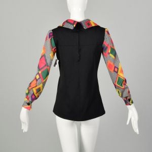 Small 1970s Tunic Top Colorful Long Sleeves Hippie Geometric Print - Fashionconstellate.com