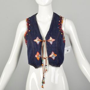 XXS 1970s Cotton Denim Vest Leather Laced Embroidered Beaded Topstitched Embellished Hippie Vest
