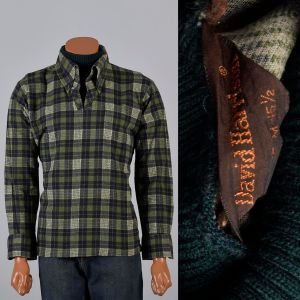 XL 1970s Mens Shirt Green Plaid Flannel Ribbed Knit Turtleneck Long Sleeve