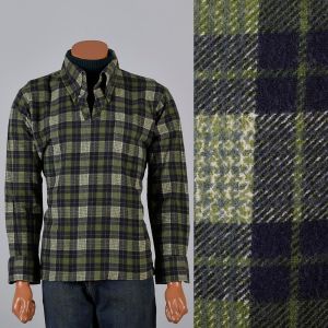 XL 1970s Mens Shirt Green Plaid Flannel Ribbed Knit Turtleneck Long Sleeve - Fashionconstellate.com