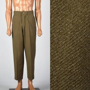 Small 29x28 1940s Mens Pants Military Olive Button Fly Wool High Waist Flat Front Trousers