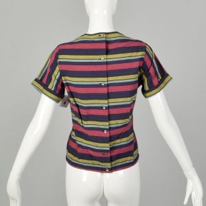 Medium 1950s Fitted Bodice Summer Top Short Cuffed Sleeve Stripe Cotton Blouse  - Fashionconstellate.com