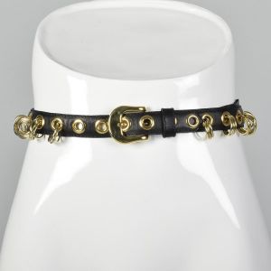 XXL 1990s Yves Saint Laurent Rive Gauche Leather Belt Adjustable Black Gold Rings 