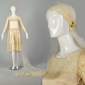 Medium 1920s Wedding Dress Lace Gown Mesh Veil Long Sleeve As Is - Fashionconstellate.com