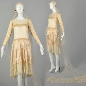 Medium 1920s Wedding Dress Lace Gown Mesh Veil Long Sleeve As Is