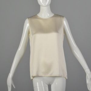 Medium 1980s Chanel Tank Top Ivory Blouse Designer Silk Sleeveless Shell Classic Off White Shirt 