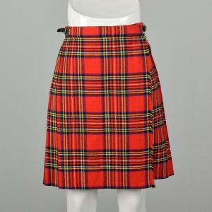  XS 1970s Red Tartan Plaid Skirt Pleated Schoolgirl Micro Mini Wrap