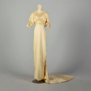 XXS 1800s Silk Dress Empire Waist Wedding Gown Pearl Trim