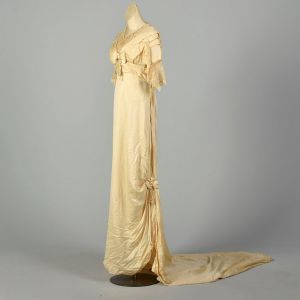 XXS 1800s Silk Dress Empire Waist Wedding Gown Pearl Trim - Fashionconstellate.com