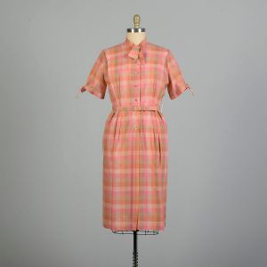 3XL 1950s Summer Plaid Cotton Day Dress Pink Orange Green Short Sleeve Casual Dress