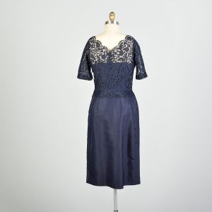 Large 1950s Navy Blue Cocktail Dress Illusion Neckline Lace Taffeta Evening Dress - Fashionconstellate.com