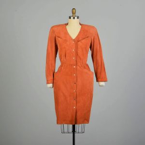  LG 1980s Thierry Mugler Orange Leather Dress Snap Front Suede Hourglass Sexy Dress VTG 