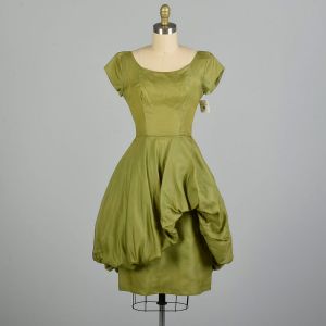 XS 1950s Damaged Cocktail Dress Olive Green Bubble Hem Peplum Theater Costume AS IS
