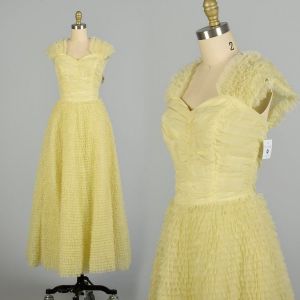 Small 1950s Creamy Yellow Formal Gown Evening Dress Full Length Wedding Prom Layered Ruffle