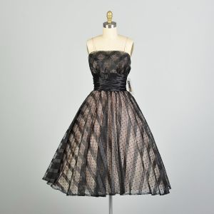 XS 1950s Black Striped Polka Dot Cummerbund Party Dress