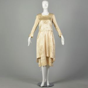 Medium 1920s Silk Dress Wedding Layered Tie Waist Embroidered