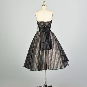 XS 1950s Black Striped Polka Dot Cummerbund Party Dress - Fashionconstellate.com