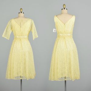 Small 1960s Yellow Lace 2pc Set Crop Top Sleeveless Garden Party Day Dress - Fashionconstellate.com