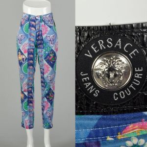 Small 1990s Versace Pants Couture Purple Elephant Print Designer Vintage Skinny Jeans