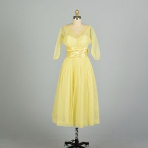 Medium 1950s Lemon Yellow Semi-Sheer Cummerbund Long Sleeve Evening Party Prom Dress
