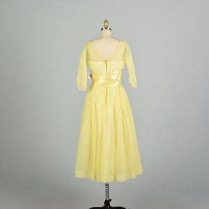 Medium 1950s Lemon Yellow Semi-Sheer Cummerbund Long Sleeve Evening Party Prom Dress - Fashionconstellate.com