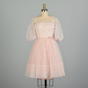 XS 1950s Petite Pink Semi-Sheer Lace Party Prom Dress