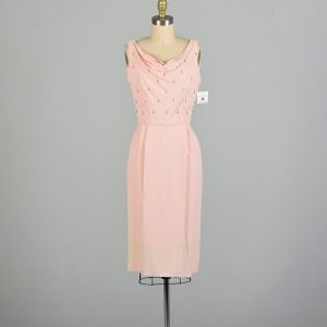 Small 1950s Pink Crepe Sleeveless Sheath Dress Beaded Rhinestoned Bodice Costume Theater AS IS