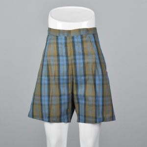 XS 1950s Plaid Shorts Side Zip Brown Blue Stripe Flare Leg Summer High Waist Rockabilly