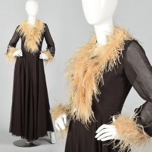 Small 1970s Brown Jumpsuit Feather Trimmed Huge Palazzo Legs Wide Leg Long Sleeve Party Outfit
