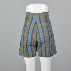 XS 1950s Plaid Shorts Side Zip Brown Blue Stripe Flare Leg Summer High Waist Rockabilly - Fashionconstellate.com