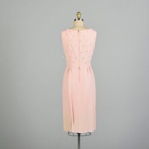 Small 1950s Pink Crepe Sleeveless Sheath Dress Beaded Rhinestoned Bodice Costume Theater AS IS - Fashionconstellate.com