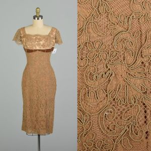 Medium 1950s Brown Lace Overlay Shelf Bust Cocktail Wiggle Dress
