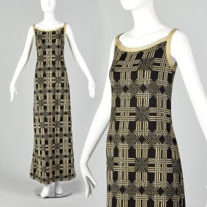 1970s Pierre Balmain Formal Black Maxi Dress with Geometric Gold Lurex Design