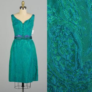 XS 1960s Jewel Tone V-Neck Party Dress Blue Green Brocade Sleeveless Cocktail Dress 