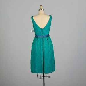 XS 1960s Jewel Tone V-Neck Party Dress Blue Green Brocade Sleeveless Cocktail Dress  - Fashionconstellate.com